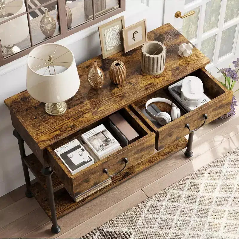 Console étroite avec 2 tiroirs et étagères de rangement, petite table d'entrée pour salon, couloir, table de canapé, design peu encombrant