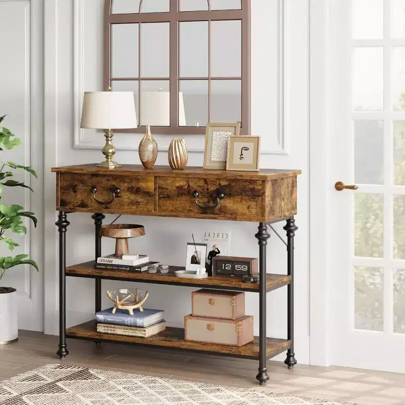 Console étroite avec 2 tiroirs et étagères de rangement, petite table d'entrée pour salon, couloir, table de canapé, design peu encombrant