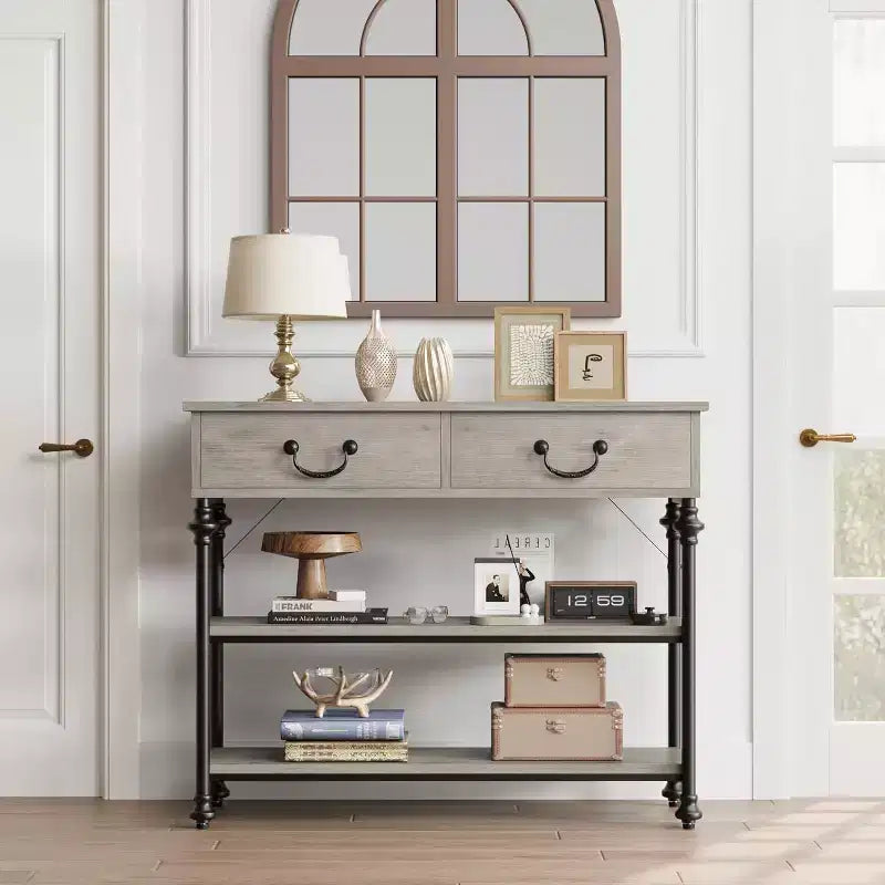 Console étroite avec 2 tiroirs et étagères de rangement, petite table d'entrée pour salon, couloir, table de canapé, design peu encombrant