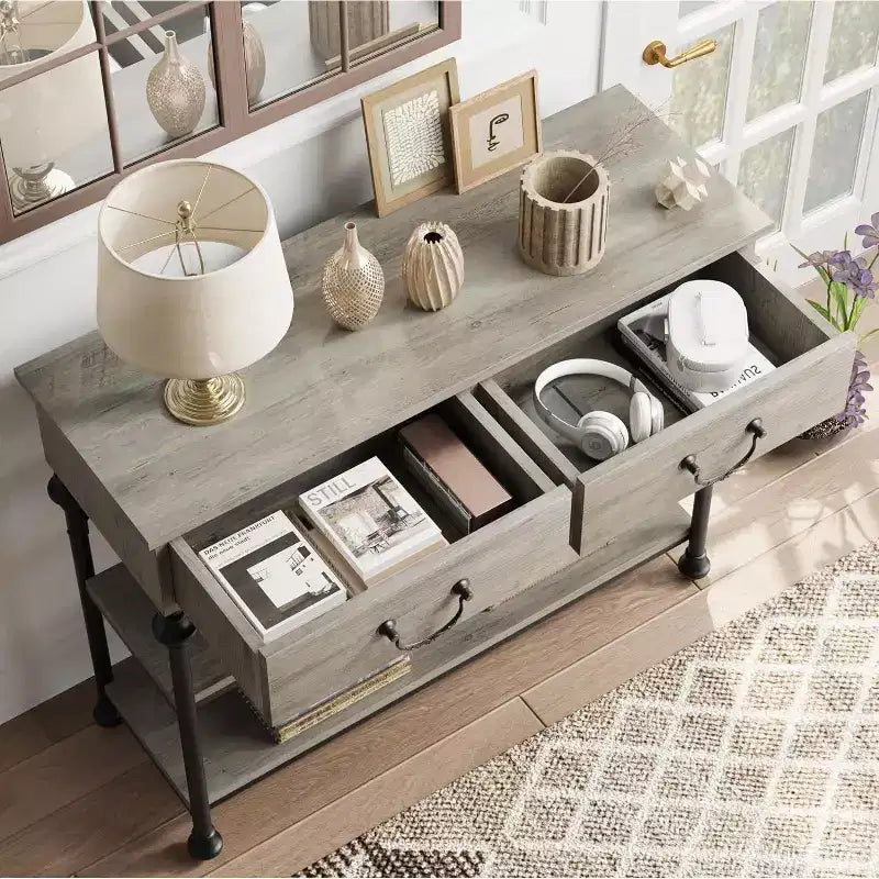 Console étroite avec 2 tiroirs et étagères de rangement, petite table d'entrée pour salon, couloir, table de canapé, design peu encombrant