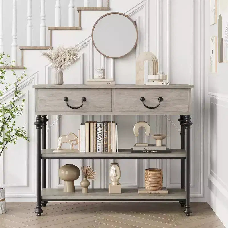 Console étroite avec 2 tiroirs et étagères de rangement, petite table d'entrée pour salon, couloir, table de canapé, design peu encombrant