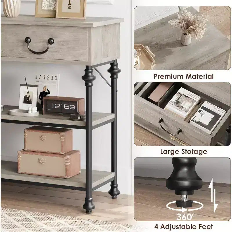 Console étroite avec 2 tiroirs et étagères de rangement, petite table d'entrée pour salon, couloir, table de canapé, design peu encombrant