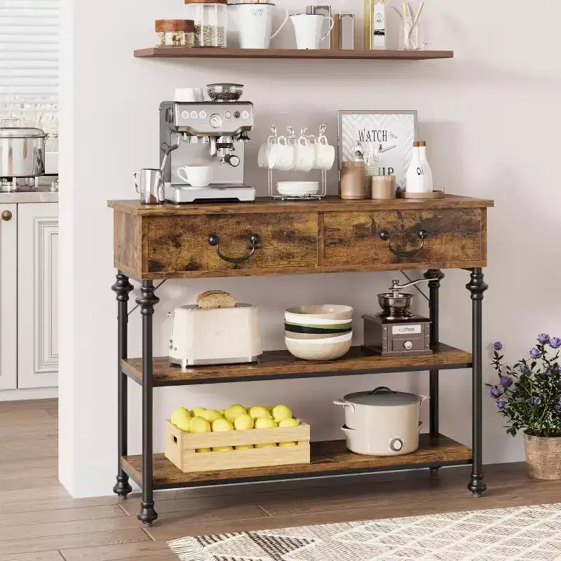 Console étroite avec 2 tiroirs et étagères de rangement, petite table d'entrée pour salon, couloir, table de canapé, design peu encombrant