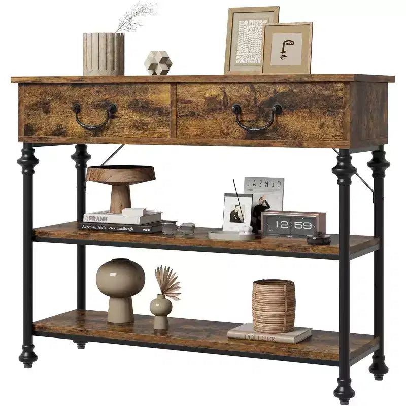 Console étroite avec 2 tiroirs et étagères de rangement, petite table d'entrée pour salon, couloir, table de canapé, design peu encombrant