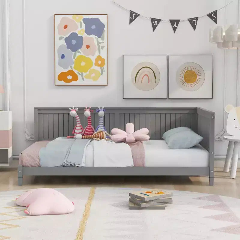 Cadre de lit de repos double avec dossier, lit double en bois pour enfants avec support à lattes pour enfants, adolescents, lit de repos pour salon, chambre, gris