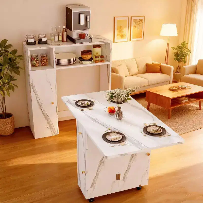 Table à manger pliante avec rangement et finition marbre