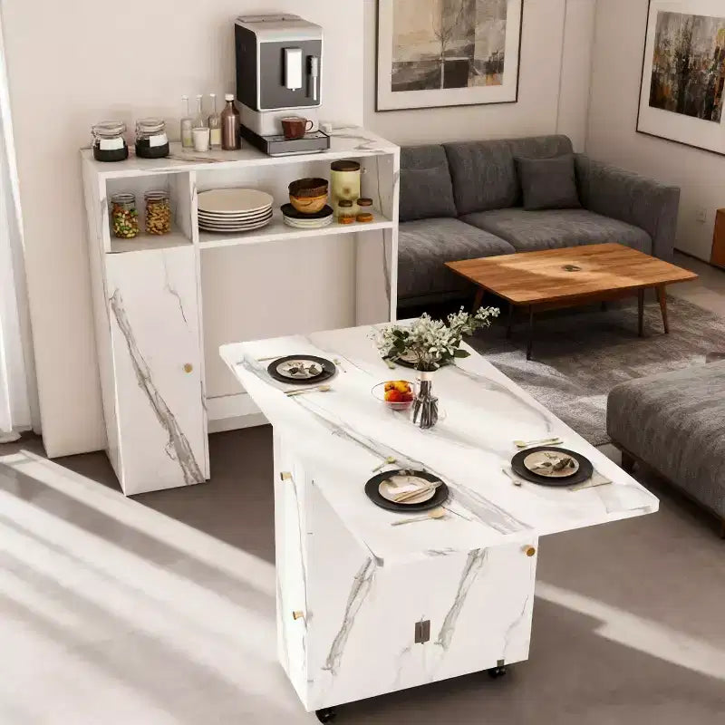 Table à manger pliante avec rangement et finition marbre