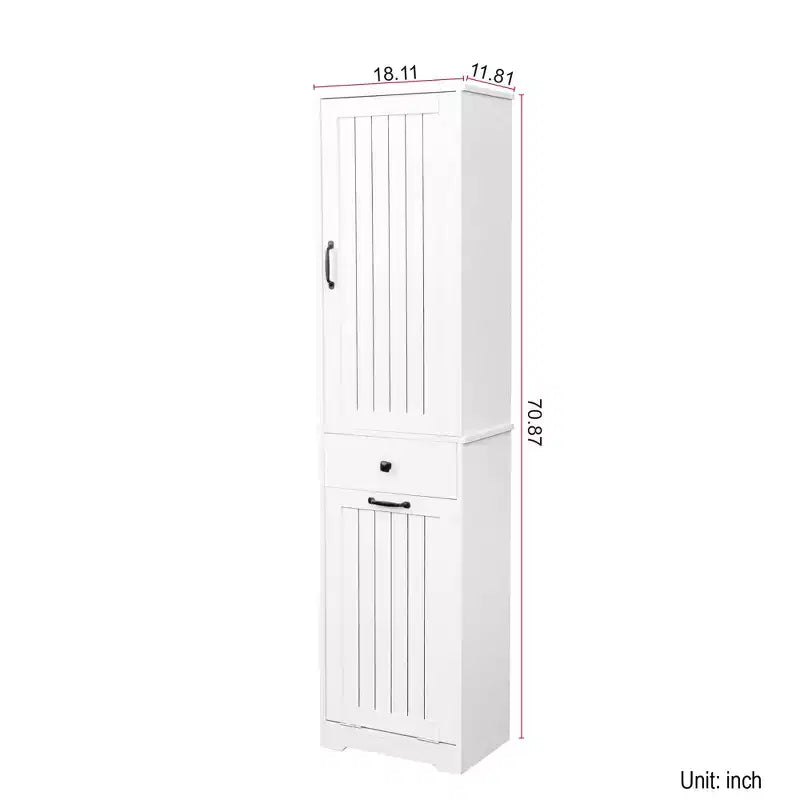 Armoire de buanderie moderne de 180 cm de haut avec 1 panier inclinable, 1 porte et 1 tiroir