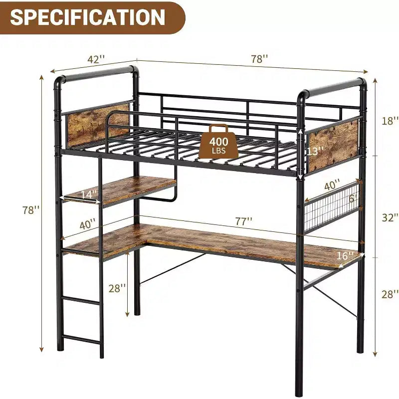 Lit mezzanine double avec bureau en L, 2 étagères ouvertes, panneau en maille, garde-corps, échelle