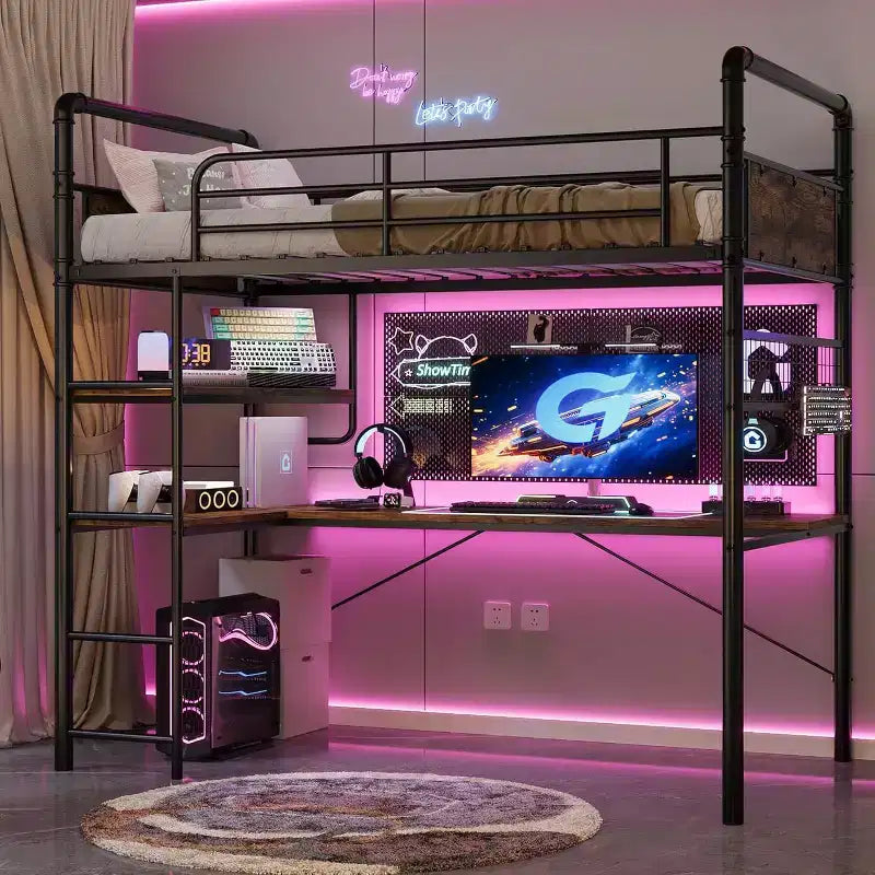 Lit mezzanine double avec bureau en L, 2 étagères ouvertes, panneau en maille, garde-corps, échelle