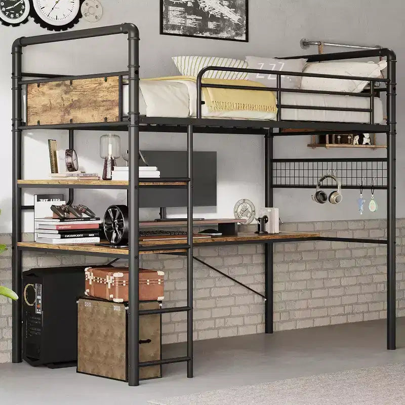 Lit mezzanine double avec bureau en L, 2 étagères ouvertes, panneau en maille, garde-corps, échelle
