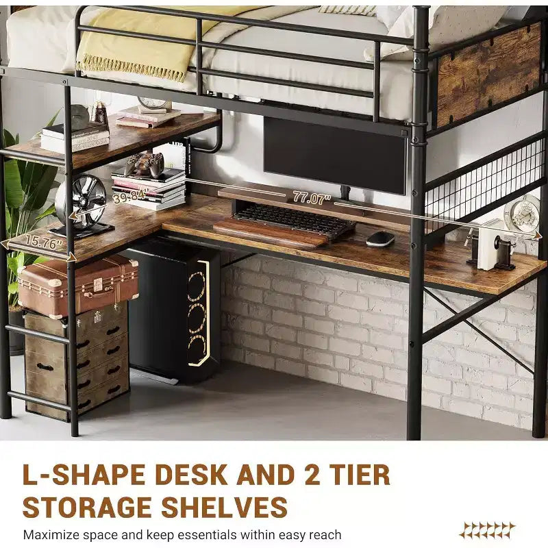 Lit mezzanine double avec bureau en L, 2 étagères ouvertes, panneau en maille, garde-corps, échelle