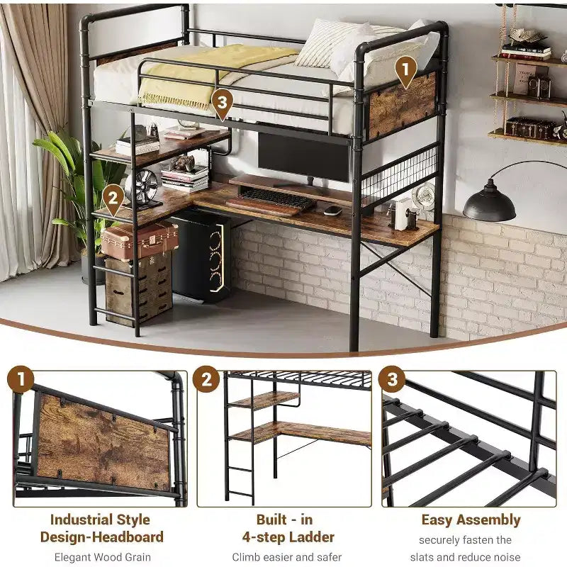 Lit mezzanine double avec bureau en L, 2 étagères ouvertes, panneau en maille, garde-corps, échelle