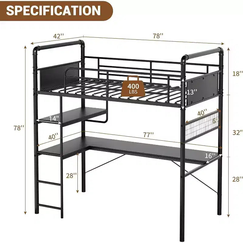 Lit mezzanine double avec bureau en L, 2 étagères ouvertes, panneau en maille, garde-corps, échelle