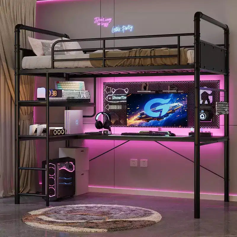 Lit mezzanine double avec bureau en L, 2 étagères ouvertes, panneau en maille, garde-corps, échelle