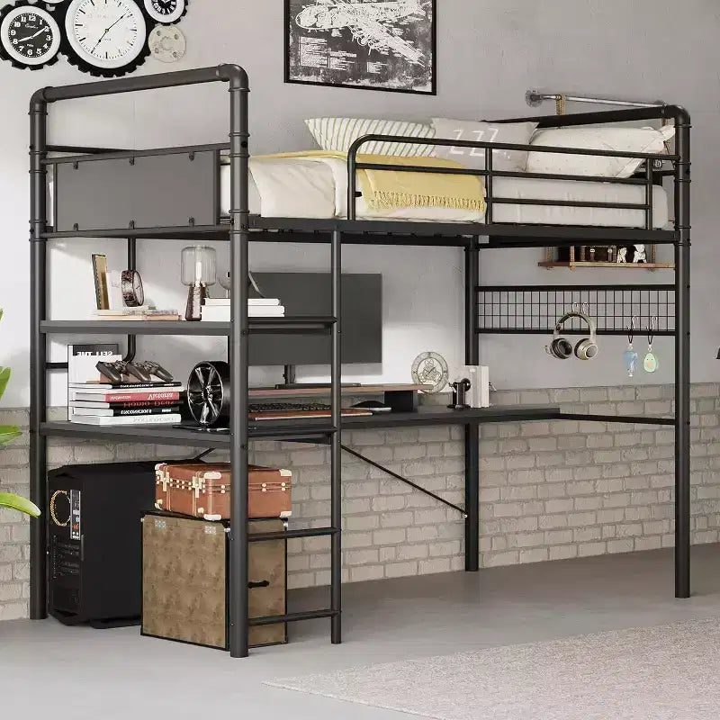 Lit mezzanine double avec bureau en L, 2 étagères ouvertes, panneau en maille, garde-corps, échelle