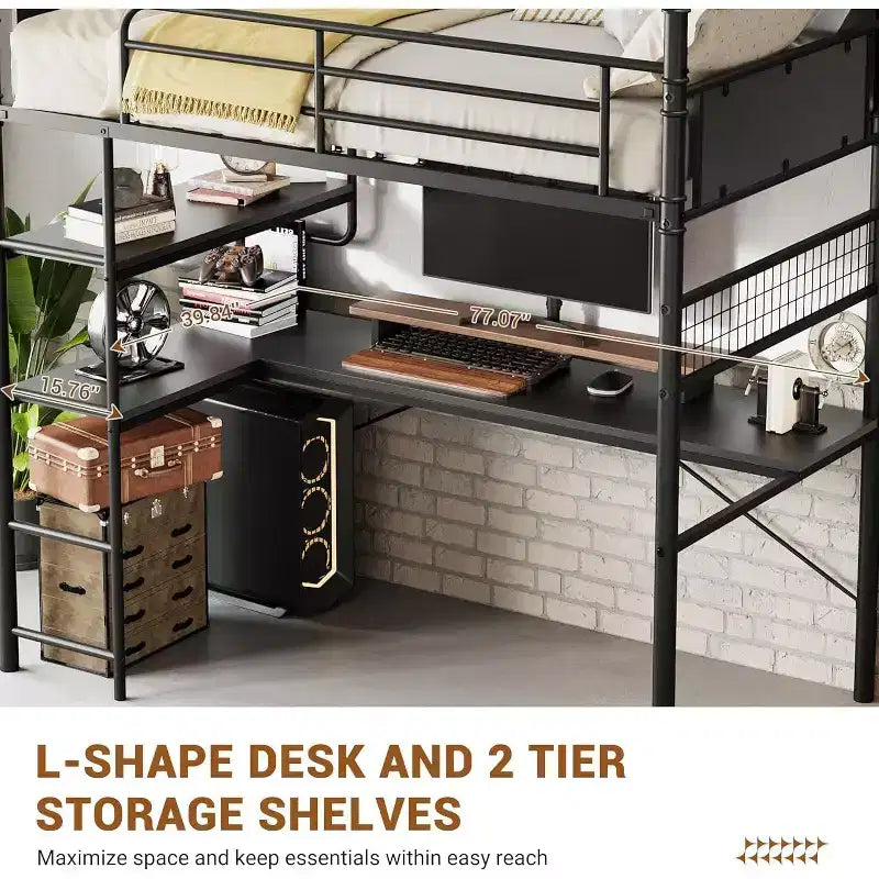 Lit mezzanine double avec bureau en L, 2 étagères ouvertes, panneau en maille, garde-corps, échelle