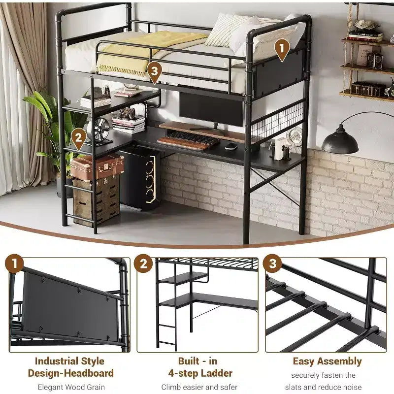 Lit mezzanine double avec bureau en L, 2 étagères ouvertes, panneau en maille, garde-corps, échelle