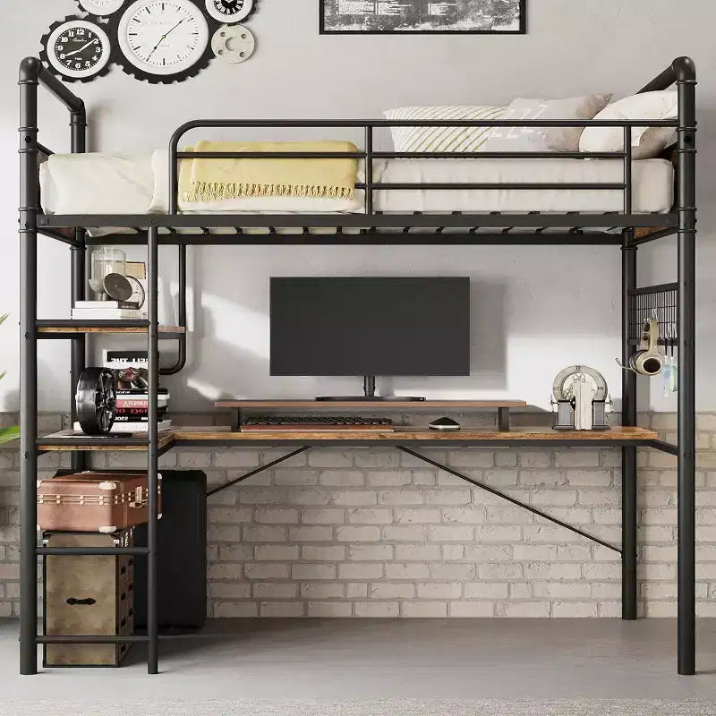 Lit mezzanine double avec bureau en L, 2 étagères ouvertes, panneau en maille, garde-corps, échelle