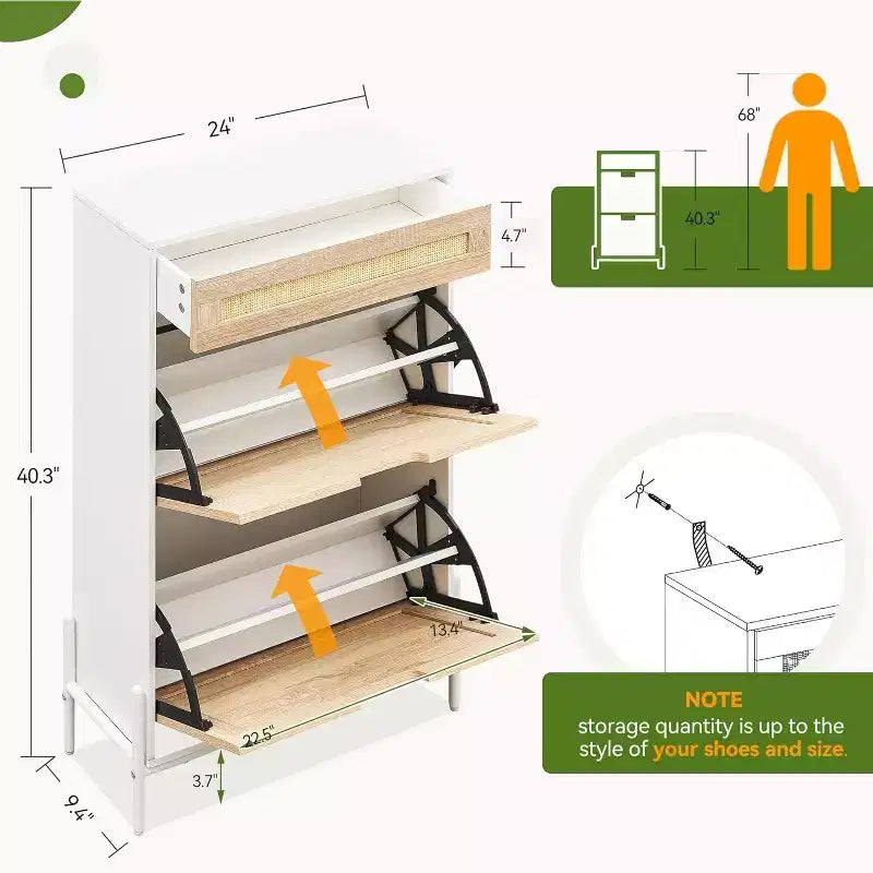 Meuble à chaussures autoportant en bois avec façade en lin, 2 tiroirs basculants et étagère à chaussures fermée pour une entrée, un couloir ou un petit appartement