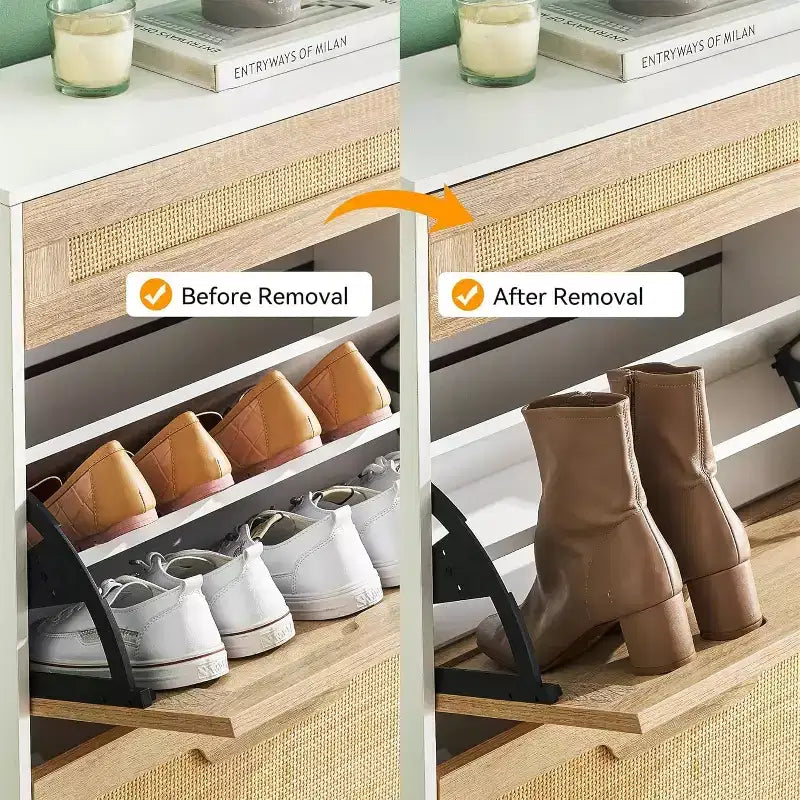 Meuble à chaussures autoportant en bois avec façade en lin, 2 tiroirs basculants et étagère à chaussures fermée pour une entrée, un couloir ou un petit appartement