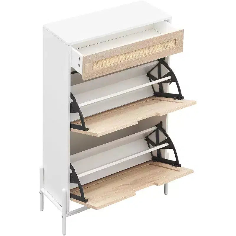 Meuble à chaussures autoportant en bois avec façade en lin, 2 tiroirs basculants et étagère à chaussures fermée pour une entrée, un couloir ou un petit appartement
