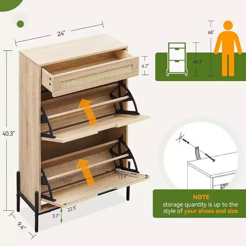 Meuble à chaussures autoportant en bois avec façade en lin, 2 tiroirs basculants et étagère à chaussures fermée pour une entrée, un couloir ou un petit appartement