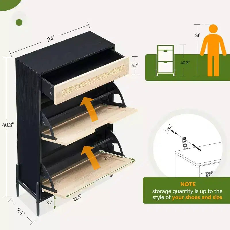 Meuble à chaussures autoportant en bois avec façade en lin, 2 tiroirs basculants et étagère à chaussures fermée pour une entrée, un couloir ou un petit appartement