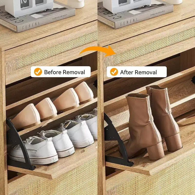 Meuble à chaussures autoportant en bois avec façade en lin, 2 tiroirs basculants et étagère à chaussures fermée pour une entrée, un couloir ou un petit appartement