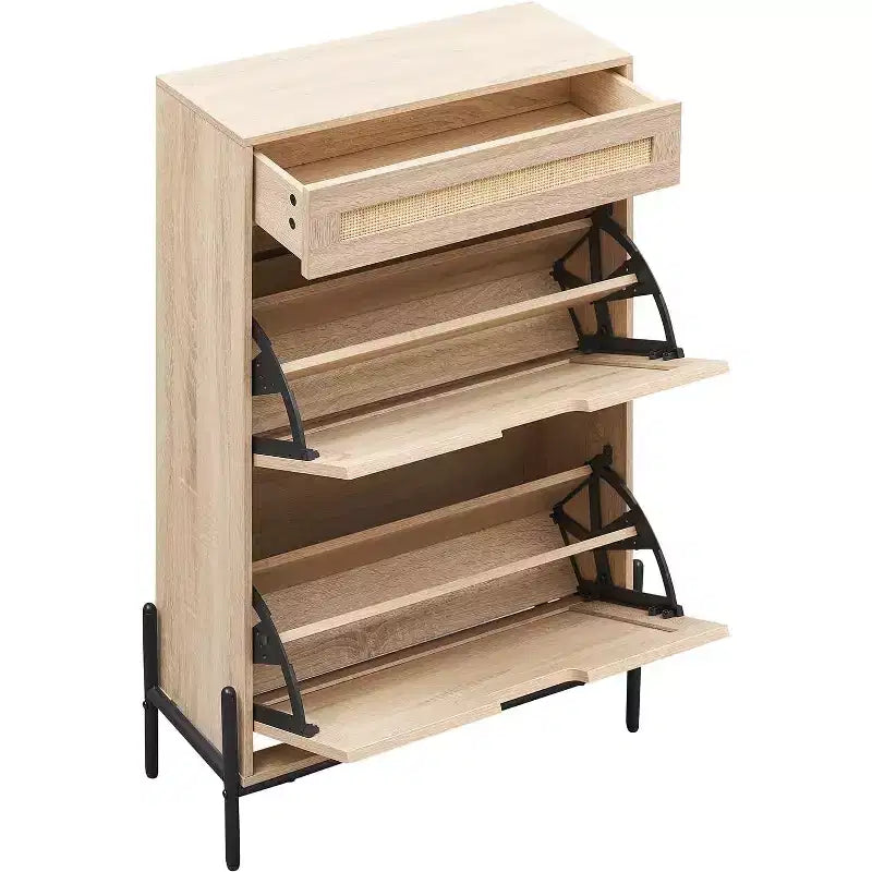 Meuble à chaussures autoportant en bois avec façade en lin, 2 tiroirs basculants et étagère à chaussures fermée pour une entrée, un couloir ou un petit appartement