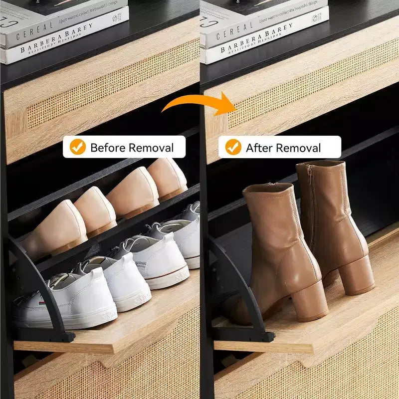 Meuble à chaussures autoportant en bois avec façade en lin, 2 tiroirs basculants et étagère à chaussures fermée pour une entrée, un couloir ou un petit appartement