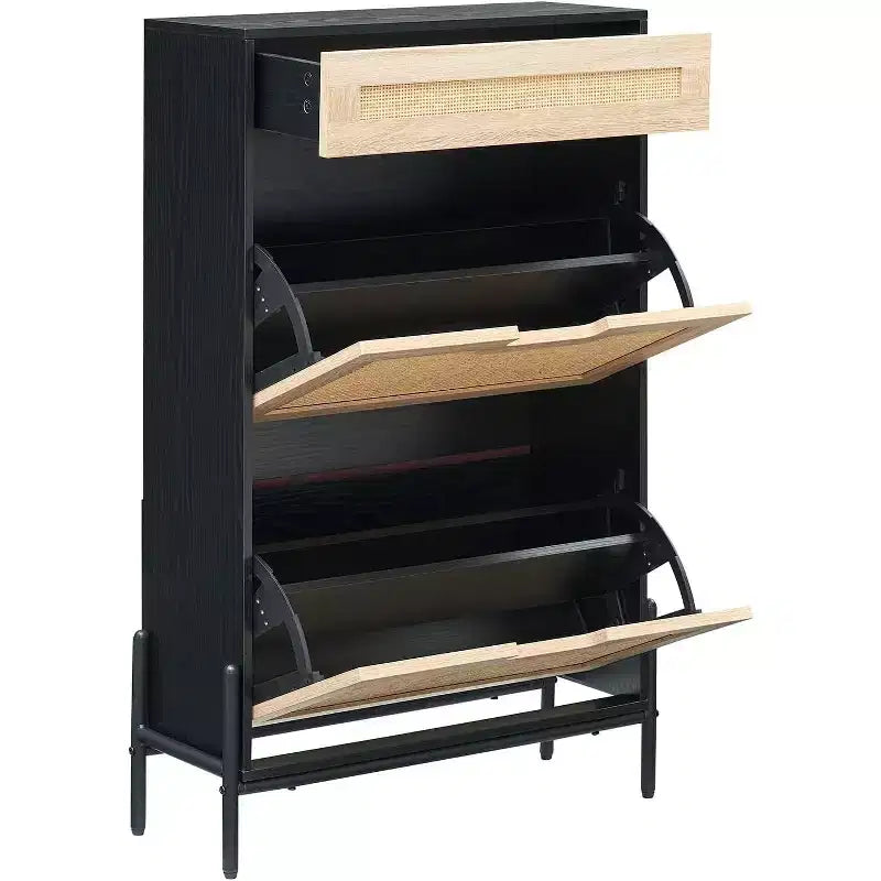 Meuble à chaussures autoportant en bois avec façade en lin, 2 tiroirs basculants et étagère à chaussures fermée pour une entrée, un couloir ou un petit appartement