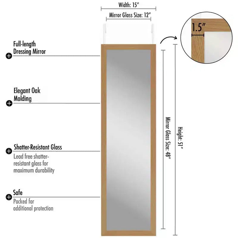 Miroir à accrocher sur une porte - Miroir de porte pour chambre, salle de bain, dortoir, grand miroir intégral avec support et verre incassable - Chêne