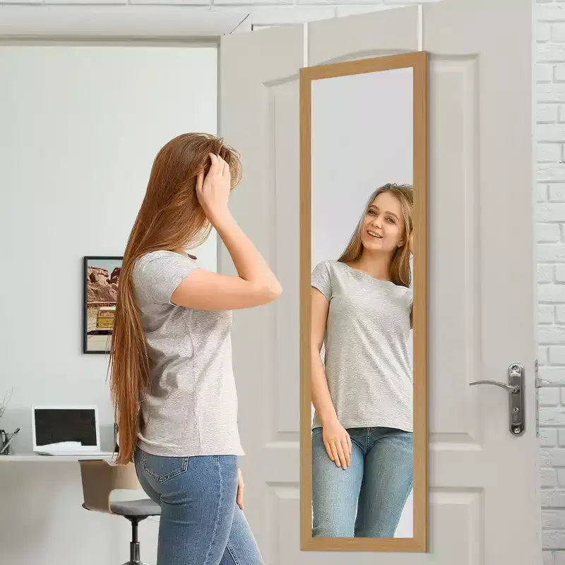 Miroir à accrocher sur une porte - Miroir de porte pour chambre, salle de bain, dortoir, grand miroir intégral avec support et verre incassable - Chêne