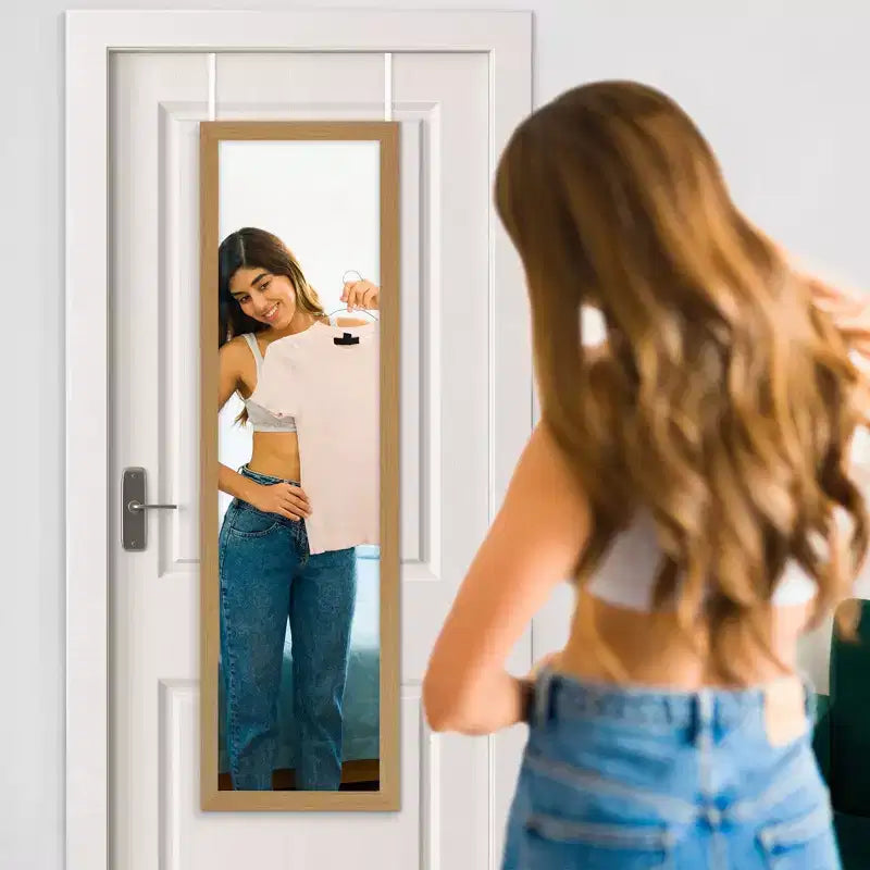 Miroir à accrocher sur une porte - Miroir de porte pour chambre, salle de bain, dortoir, grand miroir intégral avec support et verre incassable - Chêne