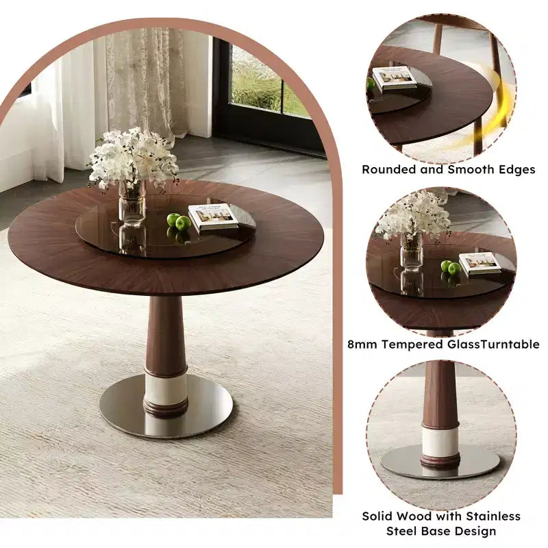 Table à manger ronde en bois massif de 47 pouces avec plateau tournant