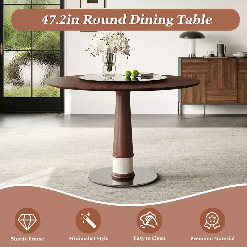 Table à manger ronde en bois massif de 47 pouces avec plateau tournant