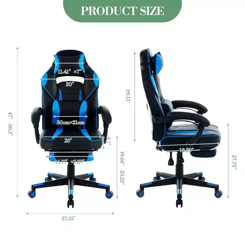 Chaise de jeu ergonomique inclinable avec repose-pieds rétractable, fauteuil de bureau d'ordinateur de course en cuir PU à dossier haut avec soutien lombaire et appui-tête pour le bureau