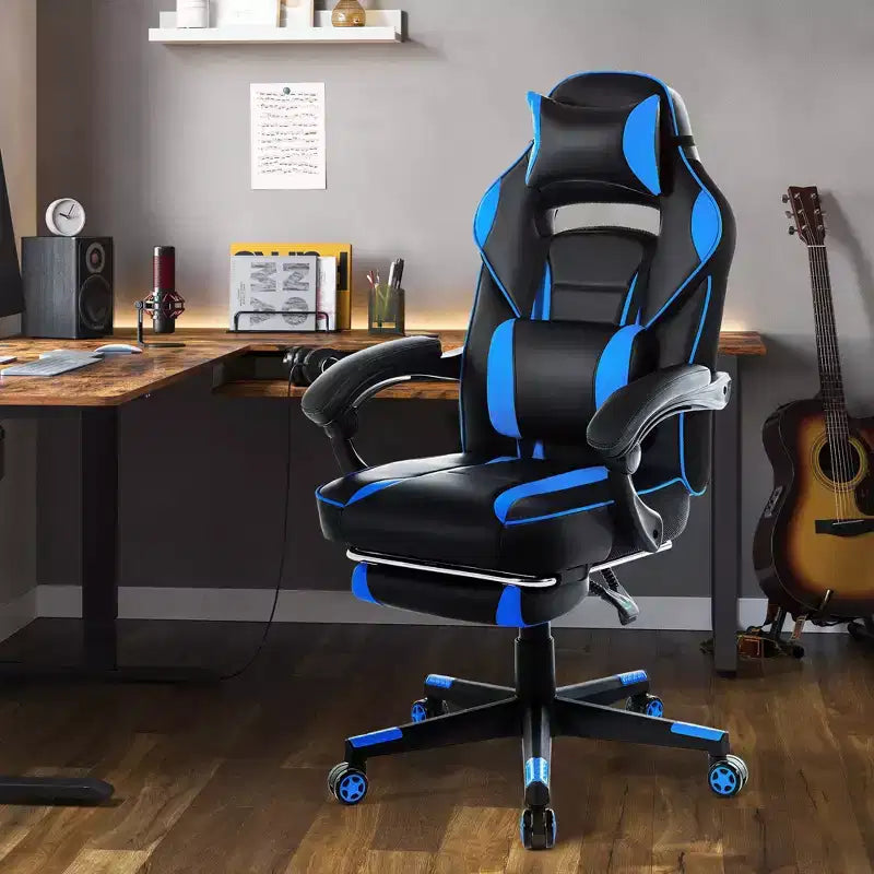 Chaise de jeu ergonomique inclinable avec repose-pieds rétractable, fauteuil de bureau d'ordinateur de course en cuir PU à dossier haut avec soutien lombaire et appui-tête pour le bureau