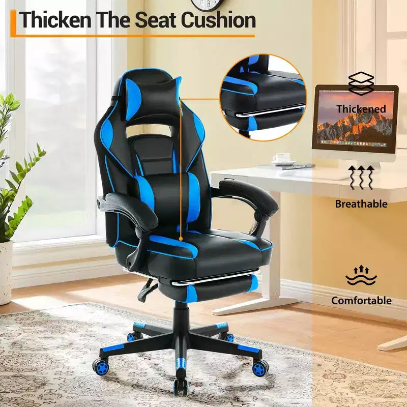 Chaise de jeu ergonomique inclinable avec repose-pieds rétractable, fauteuil de bureau d'ordinateur de course en cuir PU à dossier haut avec soutien lombaire et appui-tête pour le bureau