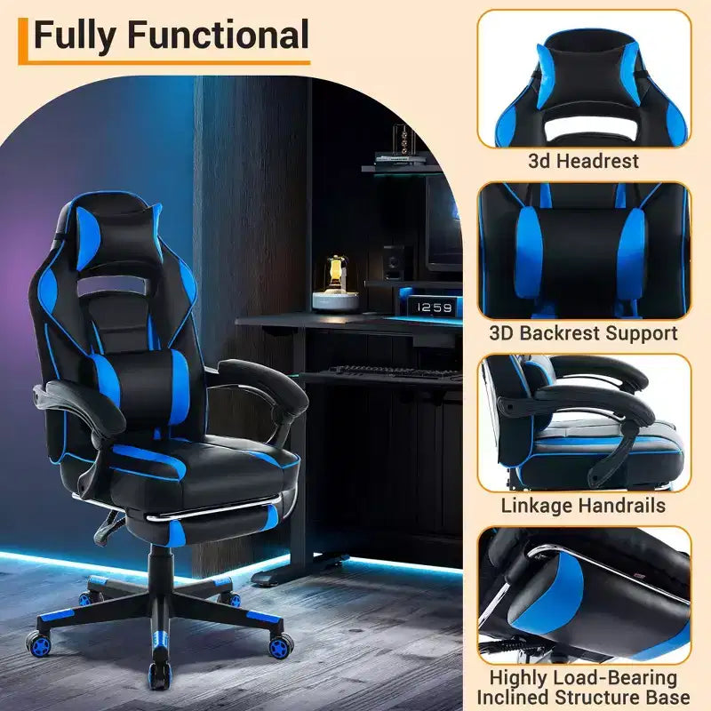 Chaise de jeu ergonomique inclinable avec repose-pieds rétractable, fauteuil de bureau d'ordinateur de course en cuir PU à dossier haut avec soutien lombaire et appui-tête pour le bureau