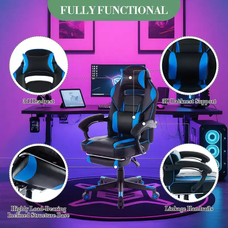 Chaise de jeu ergonomique inclinable avec repose-pieds rétractable, fauteuil de bureau d'ordinateur de course en cuir PU à dossier haut avec soutien lombaire et appui-tête pour le bureau