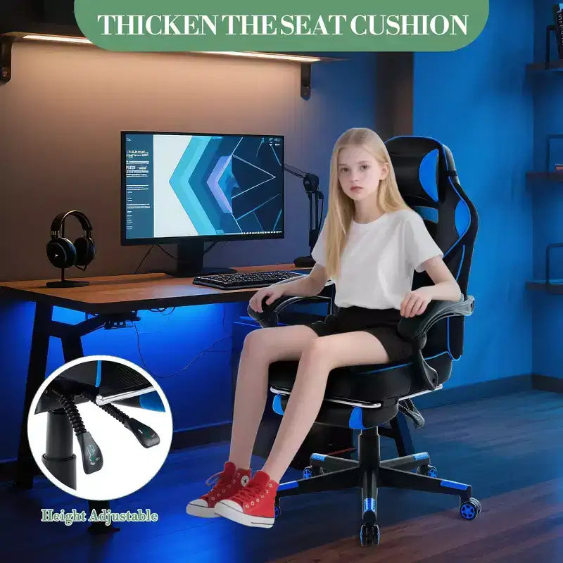 Chaise de jeu ergonomique inclinable avec repose-pieds rétractable, fauteuil de bureau d'ordinateur de course en cuir PU à dossier haut avec soutien lombaire et appui-tête pour le bureau