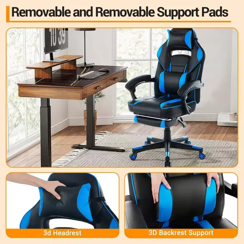 Chaise de jeu ergonomique inclinable avec repose-pieds rétractable, fauteuil de bureau d'ordinateur de course en cuir PU à dossier haut avec soutien lombaire et appui-tête pour le bureau