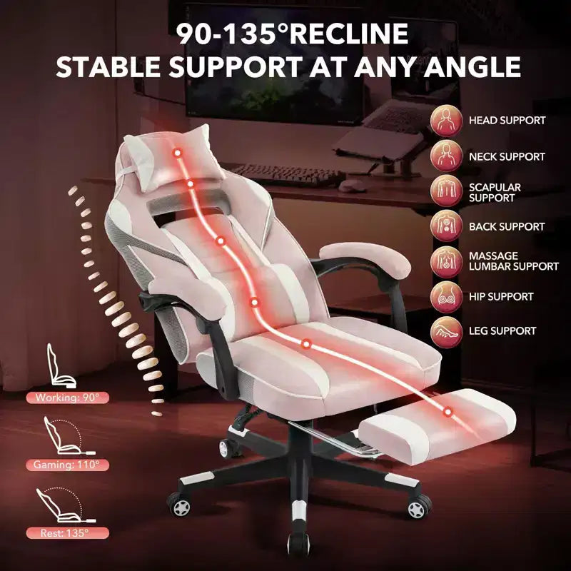 Chaise de jeu ergonomique inclinable avec repose-pieds rétractable, fauteuil de bureau d'ordinateur de course en cuir PU à dossier haut avec soutien lombaire et appui-tête pour le bureau