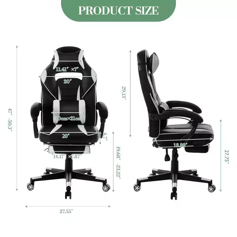 Chaise de jeu ergonomique inclinable avec repose-pieds rétractable, fauteuil de bureau d'ordinateur de course en cuir PU à dossier haut avec soutien lombaire et appui-tête pour le bureau