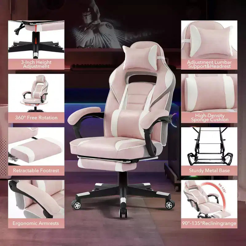 Chaise de jeu ergonomique inclinable avec repose-pieds rétractable, fauteuil de bureau d'ordinateur de course en cuir PU à dossier haut avec soutien lombaire et appui-tête pour le bureau