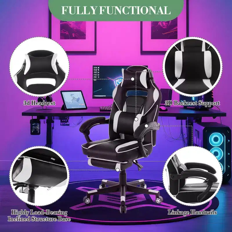 Chaise de jeu ergonomique inclinable avec repose-pieds rétractable, fauteuil de bureau d'ordinateur de course en cuir PU à dossier haut avec soutien lombaire et appui-tête pour le bureau