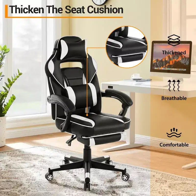 Chaise de jeu ergonomique inclinable avec repose-pieds rétractable, fauteuil de bureau d'ordinateur de course en cuir PU à dossier haut avec soutien lombaire et appui-tête pour le bureau