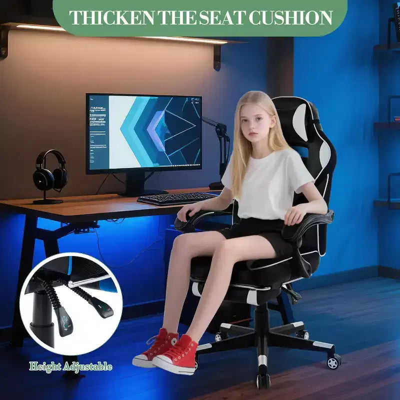 Chaise de jeu ergonomique inclinable avec repose-pieds rétractable, fauteuil de bureau d'ordinateur de course en cuir PU à dossier haut avec soutien lombaire et appui-tête pour le bureau